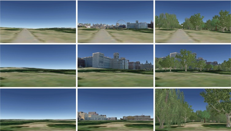 Views and landscape elements used in the research: view 1 (top row); view 2 (middle row); view 3 (bottom row); by visual condition (1 left column; 2 middle column; 3 right column) (©Google Earth).